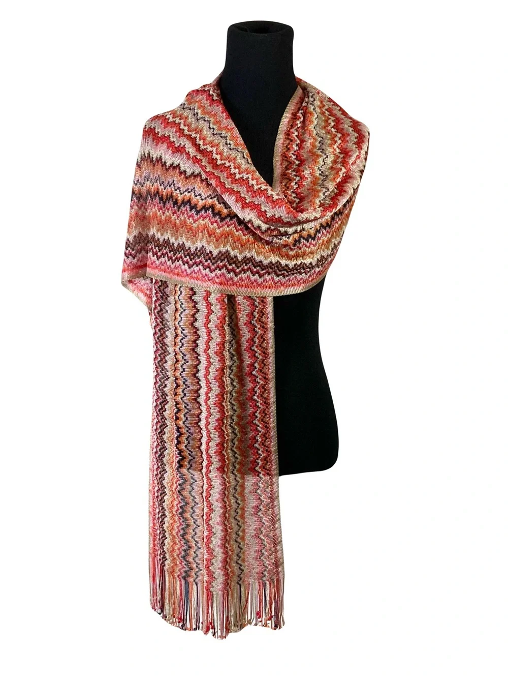 MISSONI Scarf 12.5”x76”ITALY Chevron ZigZag Silver-Lyrics Fringe Knit Multicolor
